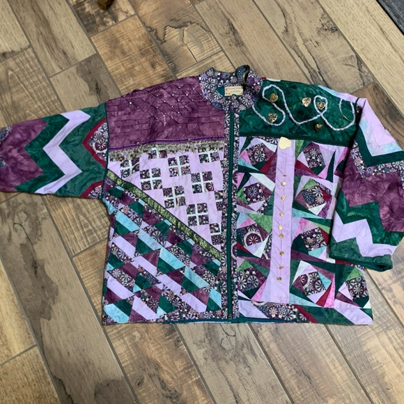 Hand Quilted Custom Wearable ART Patchwork Jacket Purple Green Stunning! Kimono - Picture 3 of 13
